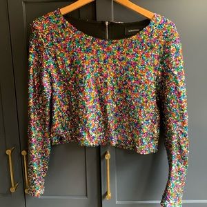 Mink Pink Long Sleeve Multi-Color Sequin Top with Back Zipper Detail. Size L.